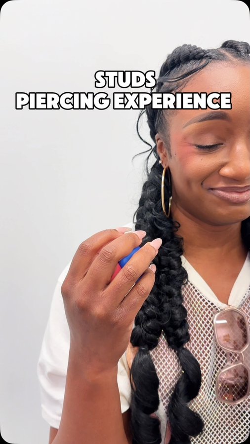 Instagram post by @beautybyartrice for Studs. Caption reads: Last time I got my ears pierced, I was a baby… so....