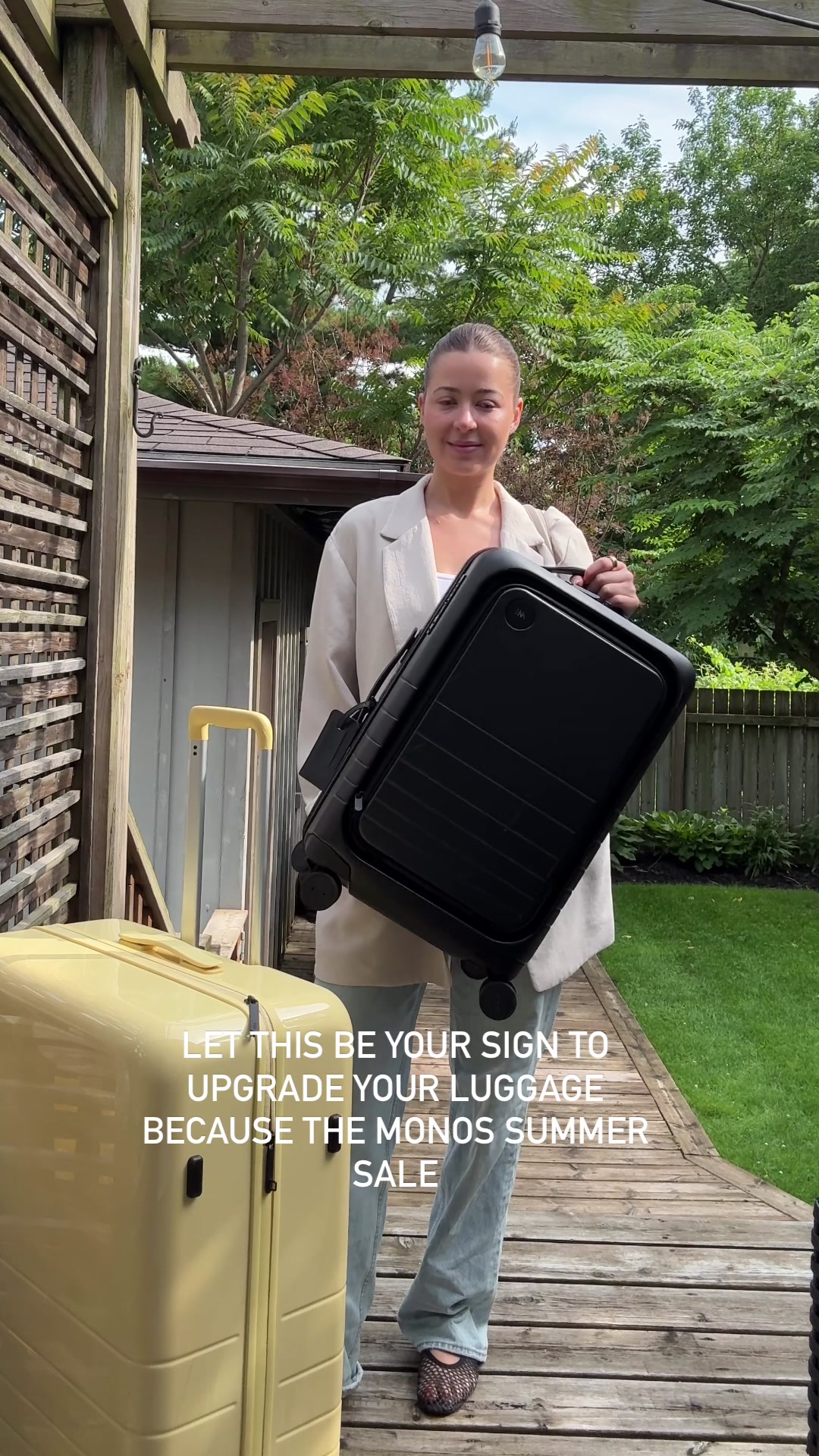 TikTok post by @alexajustinee for Monos. Caption reads: Summer travel plans? @Monos has your luggage....