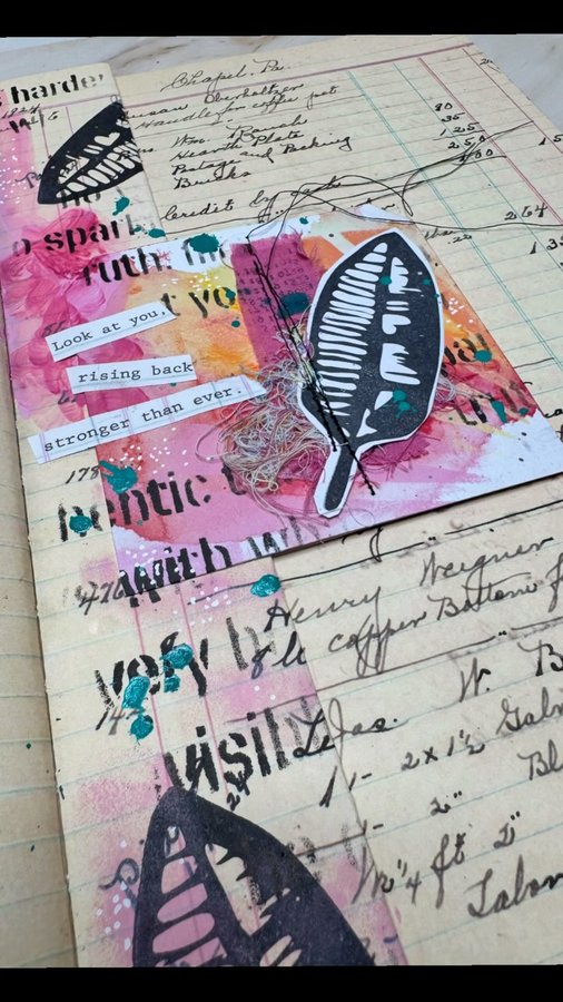 Instagram post by @art_journallove for Ranger Ink. Caption reads: Painty, taggy, stencily ledger journal play time....