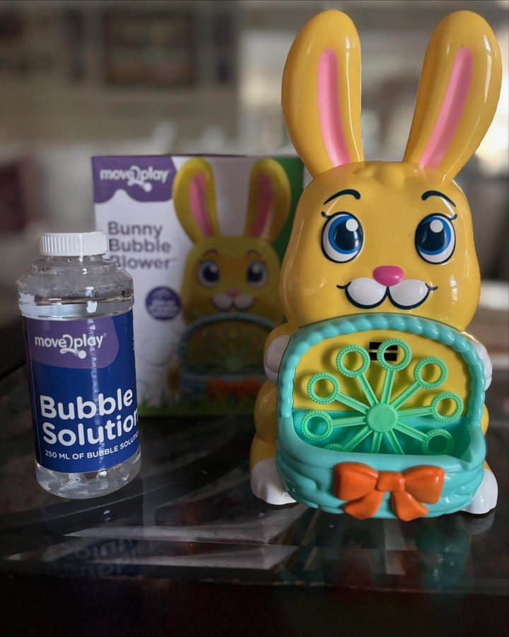 Instagram post by @lifewithsherryz for Move2Play. Caption reads: [...] with the Bunny Bubble Blower from....