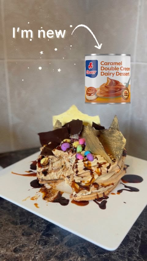 Instagram post by @cookingwithsublimity for Brand Advisor. Caption reads: My Clover Caramel Meringue Dessert 🐇🍭 Clover....