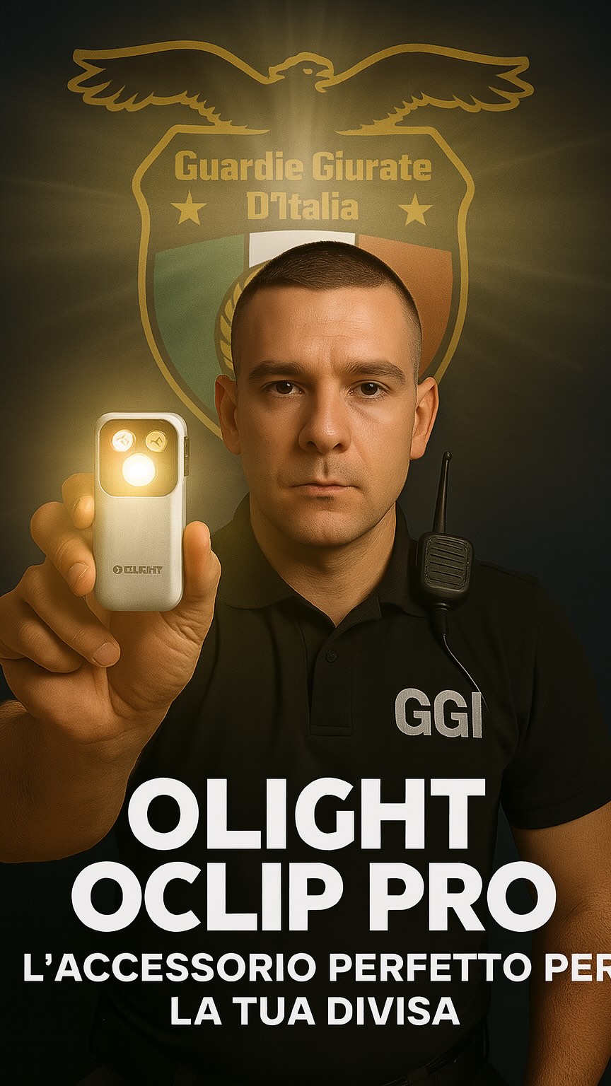 Instagram post by @guardiegiurateditalia for OLIGHT. Caption reads: 🔦 Olight Oclip Pro – Il micro-alleato perfetto....