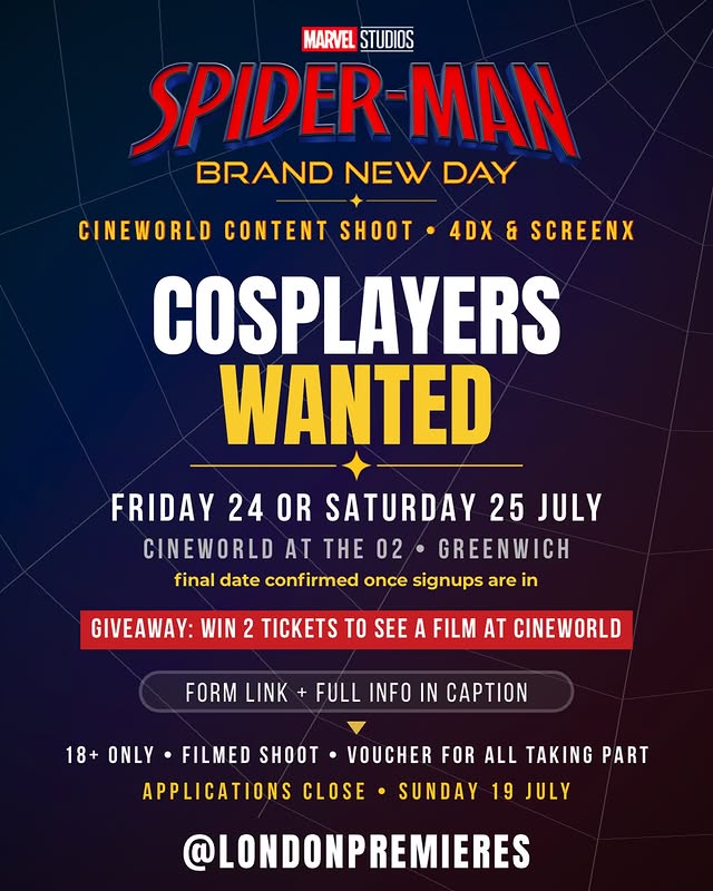 Instagram post by @londonpremieres for Cineworld Cinemas. Caption reads: Calling all Spider-Man cosplayers! Cineworld is....