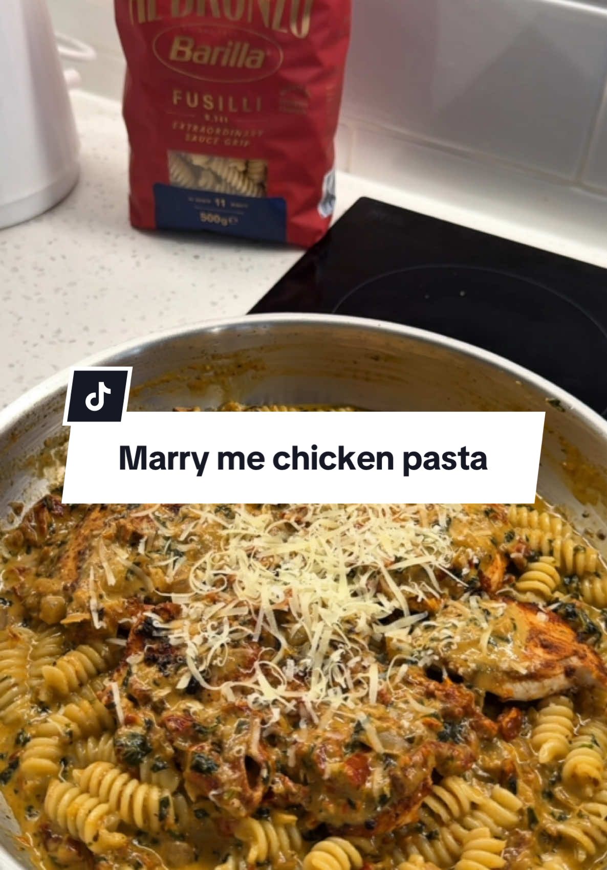 TikTok post by @life_with_chloee for Barilla. Caption reads: Marry me chicken pasta recipe so good you’ll....