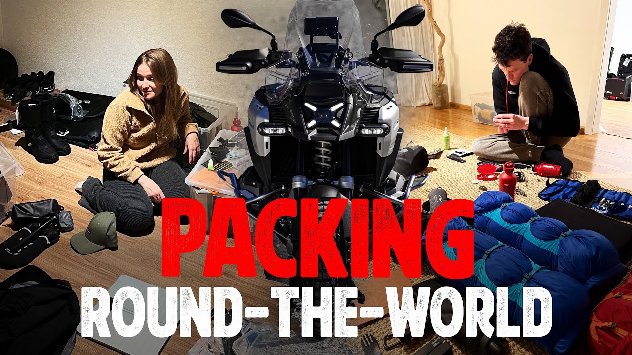 YouTube post by @SeanandEmily for LITELOK. Caption reads: Packing For A Round The World Motorcycle Trip On....