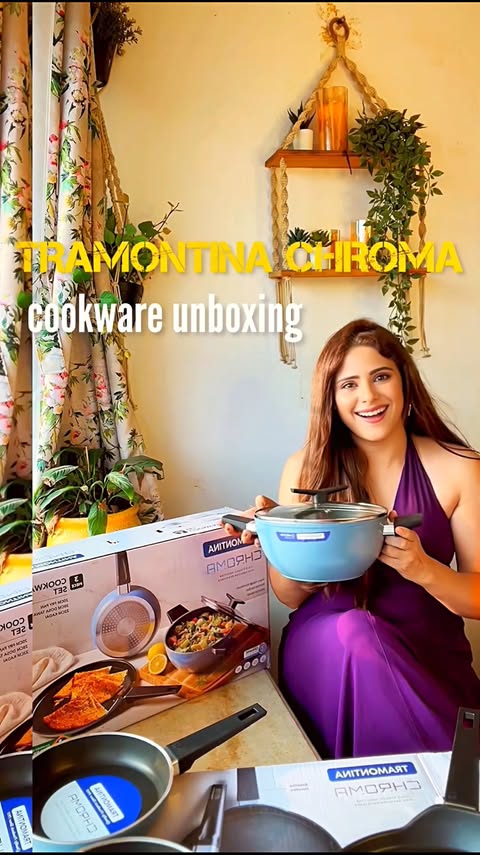 Instagram post by @onimakashyap for Tramontina. Caption reads: Unboxing the sleekest cookware upgrade my kitchen....
