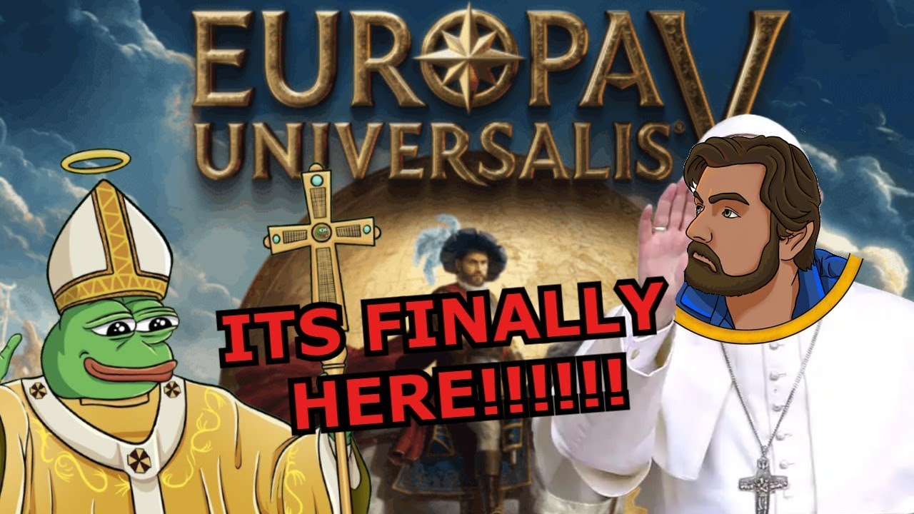YouTube post by @stakuyi for TrovaTrip. Caption reads: Europa Universalis 5 is HERE! And I AM THE POPE.