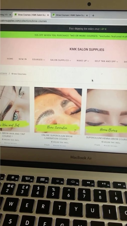 Instagram post by @sinead_murphy_ for Beautiful Brows & Lashes. Caption reads: Train online @kmk_salon_supplies 💻....