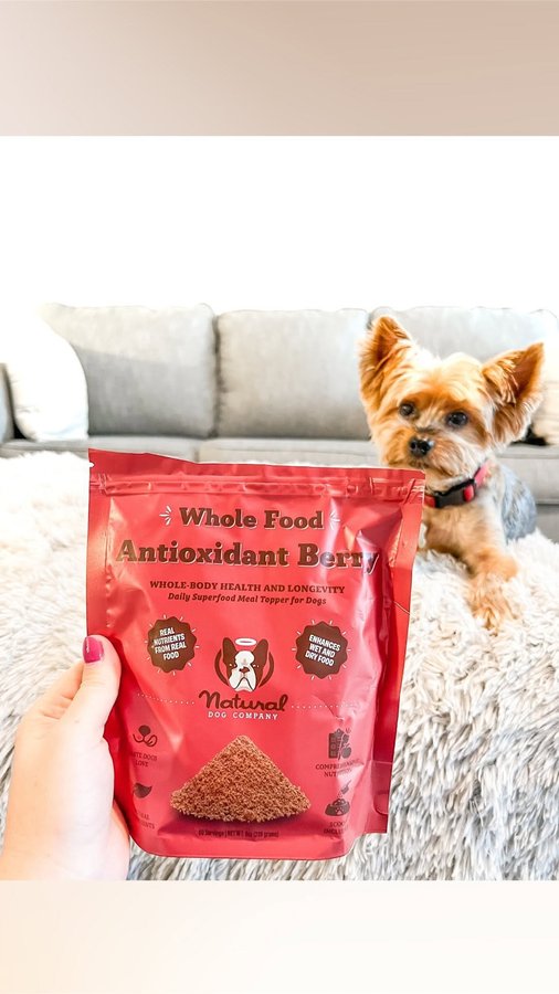 Instagram post by @courtney_sherrill_ for Natural Dog Company. Caption reads: #ad We have added Antioxidant Berry Granules to....