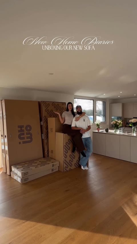 Instagram post by @agonitakrasniqi for OMHU. Caption reads: unboxing our new @omhu_cph sofa 🤎 #partnership.