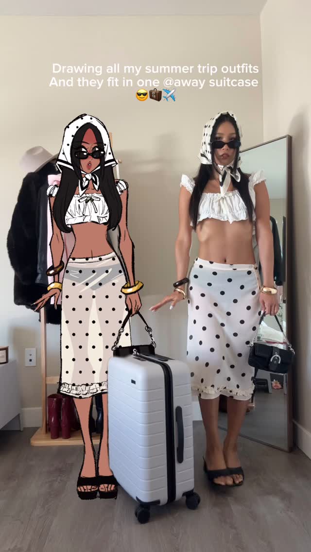 Instagram post by @maplepnida_ for Away. Caption reads: Drawing all my summer trip outfits and they fit in....