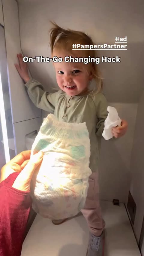 Instagram post by @whereisbriggs for Pampers. Caption reads: #ad #PampersPartner Diaper changes in airplane....