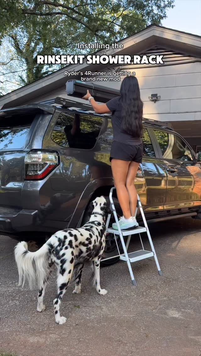 Instagram post by @ryderdalmatian for RinseKit. Caption reads: Adding a @rinsekitusa Shower Rack to Ryder’s....