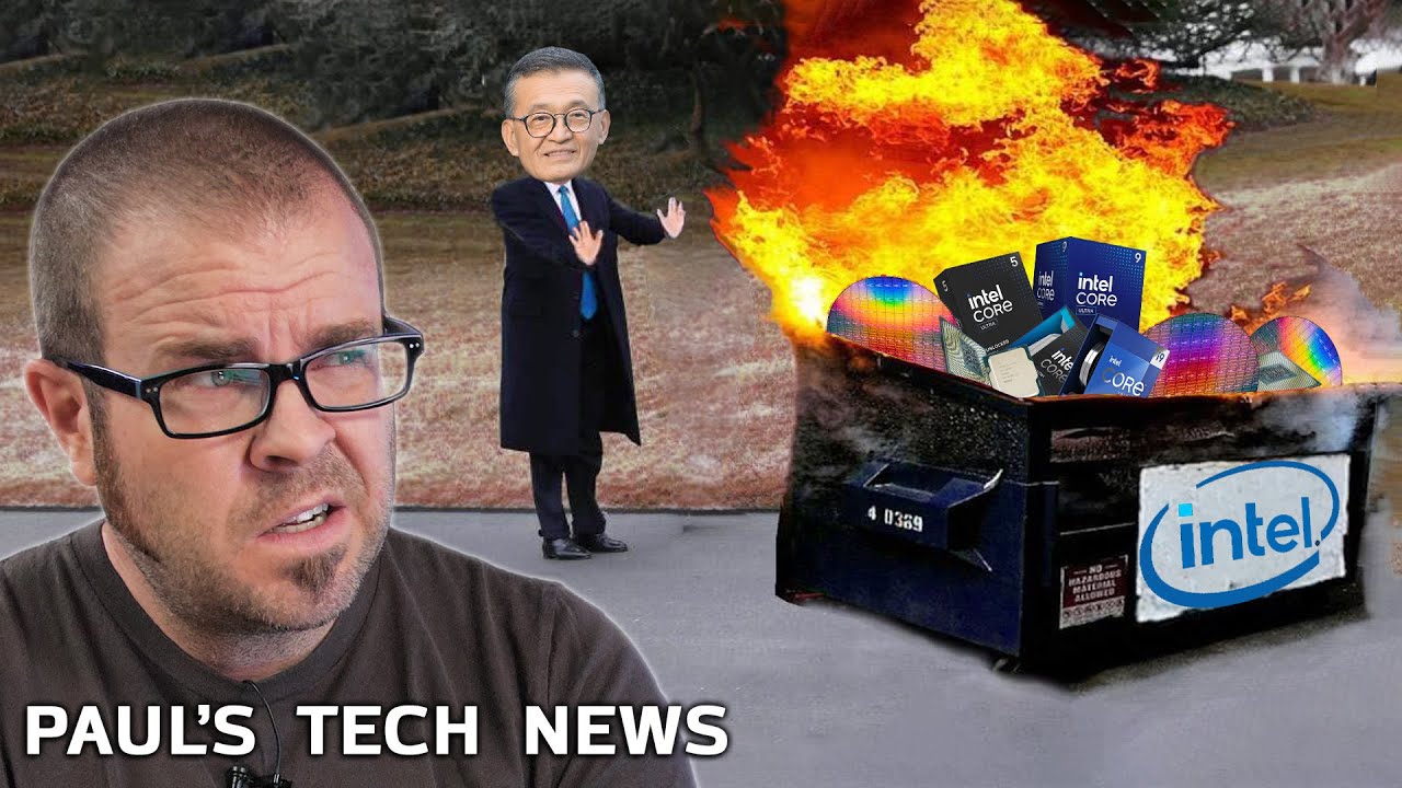 YouTube post by @paulshardware for Thermaltake North America. Caption reads: Intel might just... give up. - Tech News July 27.