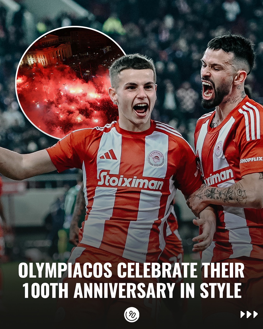 Instagram post by @olympiacosfc for Copa90. Caption reads: Painting Piraeus red and white 🔴⚪️

🎥: @ant9n +....