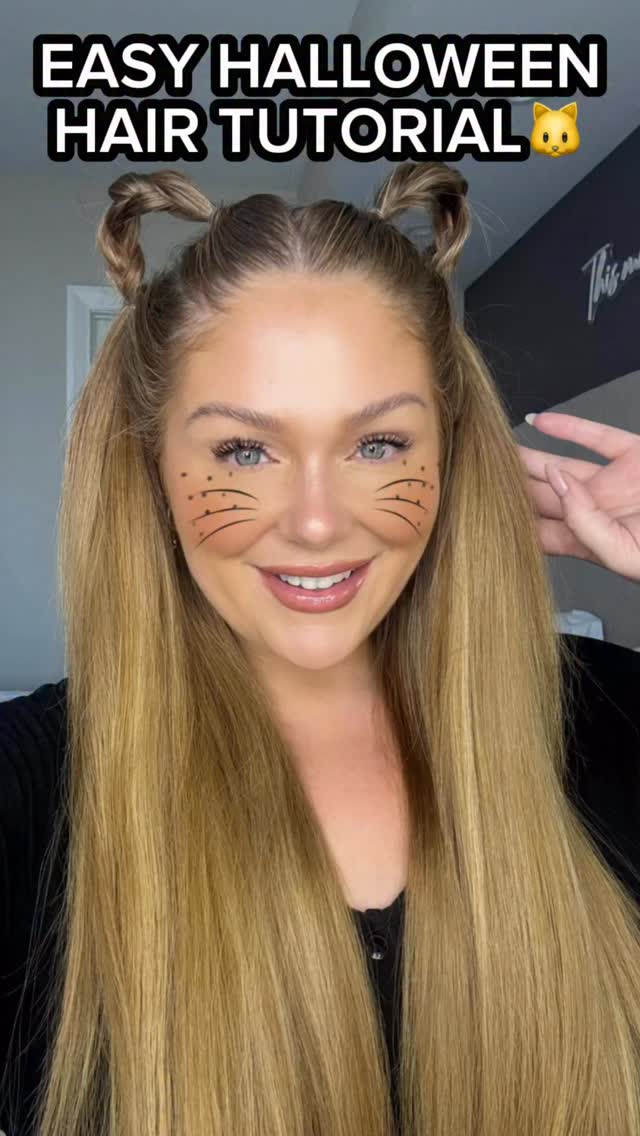 Instagram post by @kellystrackofficial for Sally Beauty. Caption reads: Easy Halloween Cat Ear Hair Tutorial ✨🐱👻🎃....