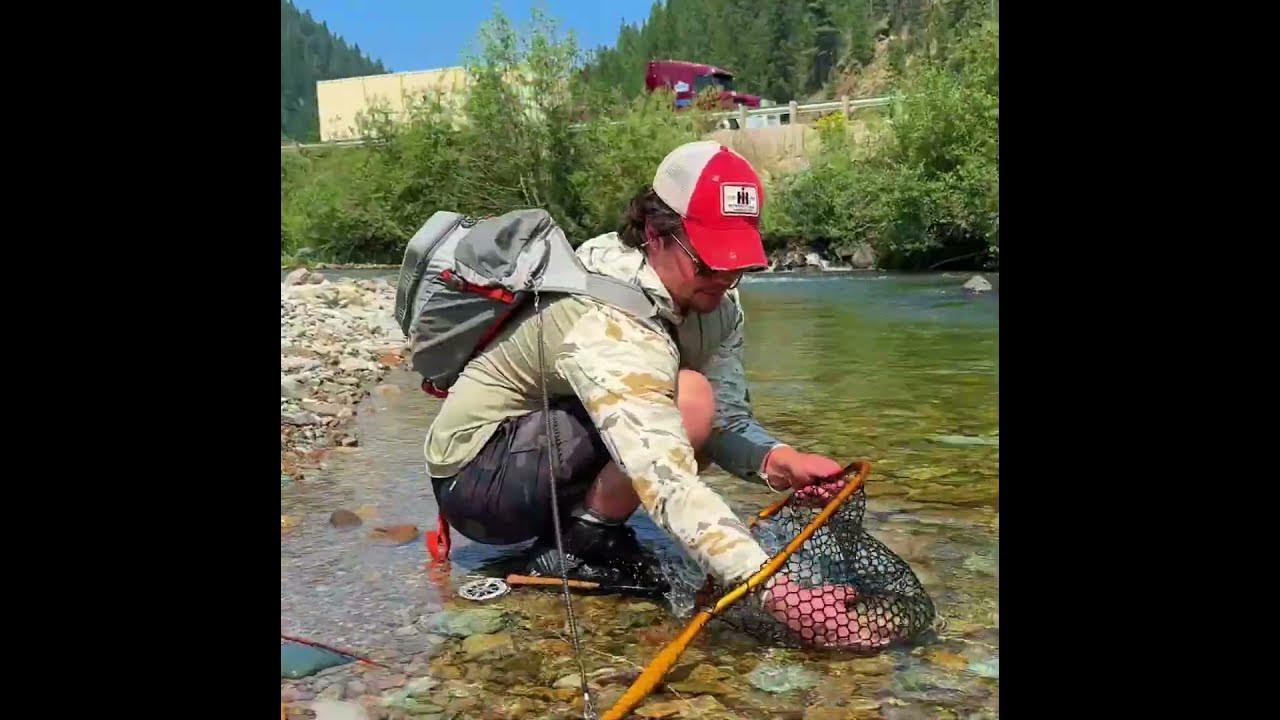 YouTube post by @FlyFishDan for Leroy’s Blend. Caption reads: He Caught a SOLID Trout Right by the FREEWAY.