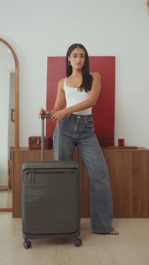 Instagram post by @mannat_sandhu for Samsonite. Caption reads: [...] trip starts with the right luggage!....