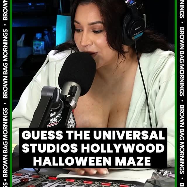 Instagram post by @brownbagmornings106 for Universal Studios Hollywood. Caption reads: Vic was so mad at the clues Michelle gave him....