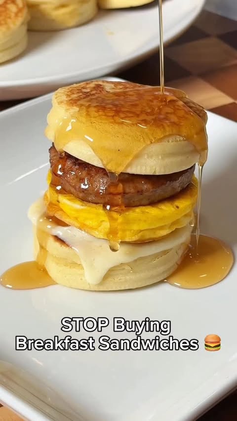 Instagram post by @dadsfoodtoday for King Arthur Baking Company. Caption reads: Breakfast sandwich, but make it pancakes 🥞🥪 Used....