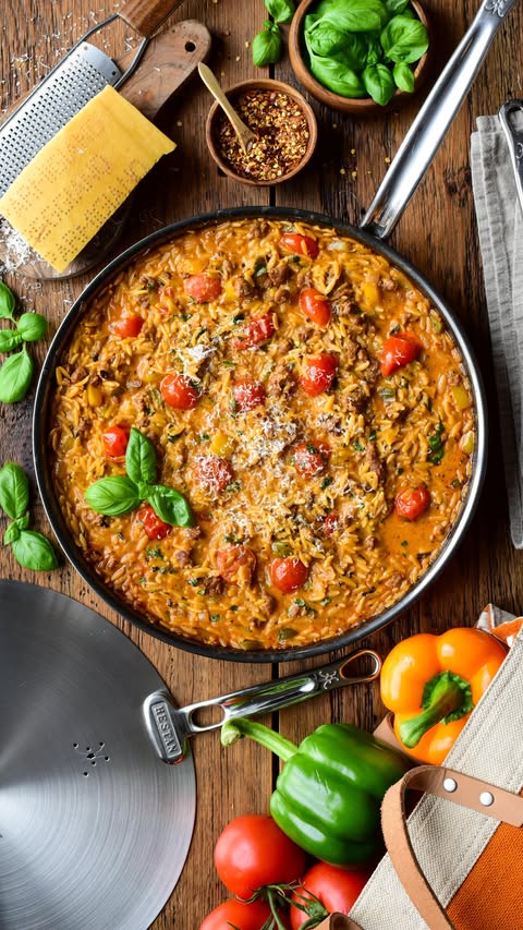 Instagram post by @zimmysnook for Hestan Culinary. Caption reads: Creamy Sausage, Pepper & Tomato Orzo Creamy,....