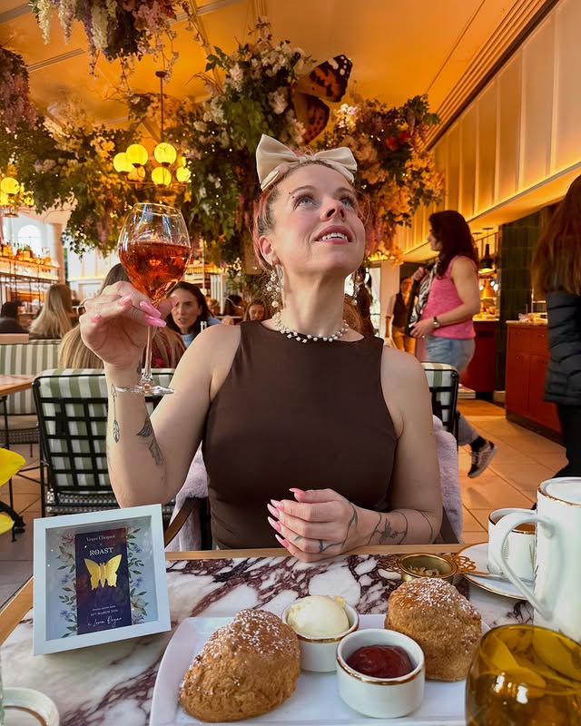 Instagram post by @lornadoyan for Veuve Clicquot. Caption reads: [...] Tea 🦋🦋 @roast_restaurant x @veuveclicquot....