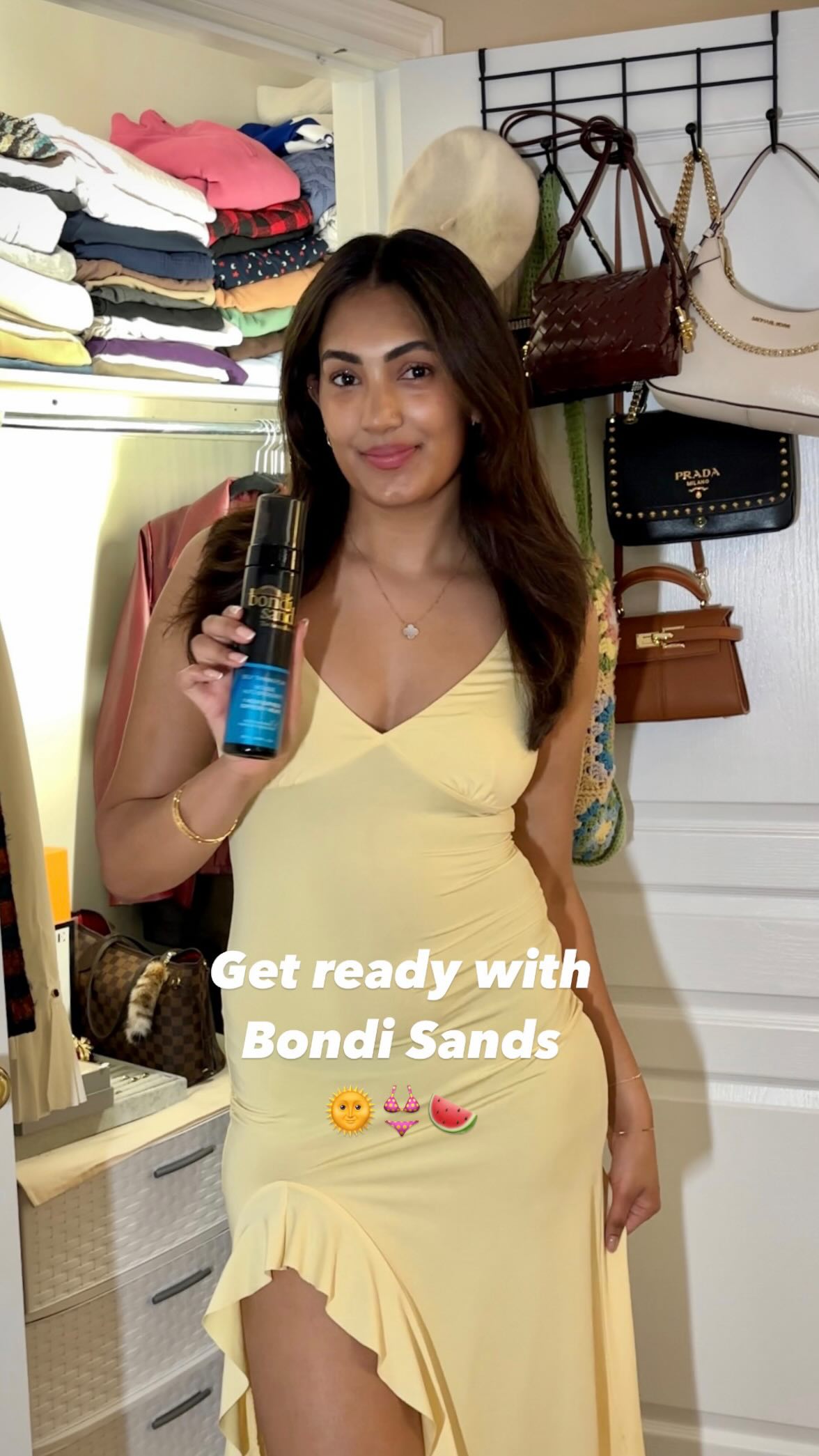 Instagram post by @sukhibagga_ for Bondisands. Caption reads: Self-tanning is a tool even brown girls can use to....