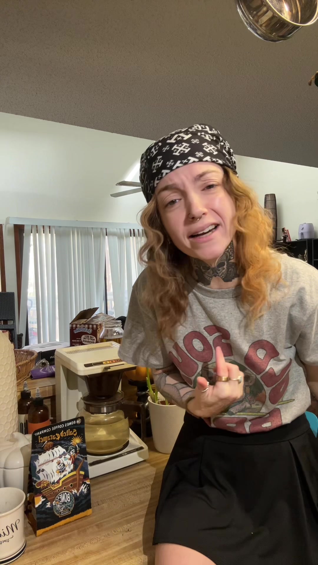 TikTok post by @crunchymomsourdough for Bones Coffee Company. Caption reads: [...] #nightshift #tiktokshop #grwm @Bones Coffee....