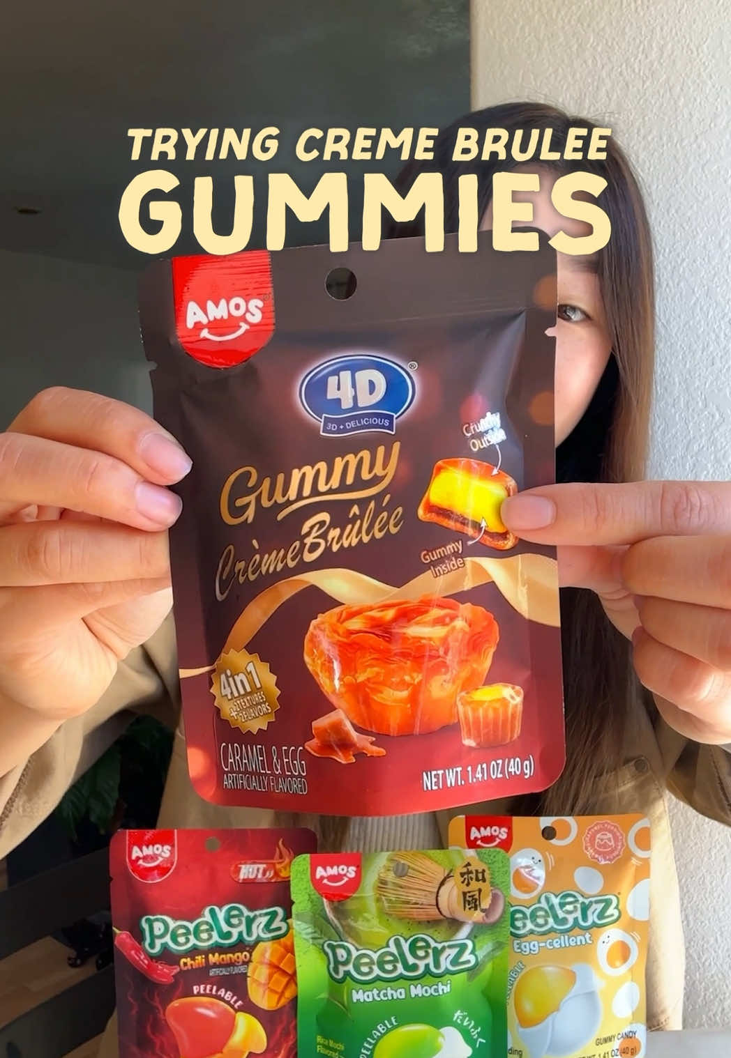 TikTok post by @eatsbyrachel for Amos Sweets. Caption reads: [...] + gummies could go together?? 🤯 @Amos....