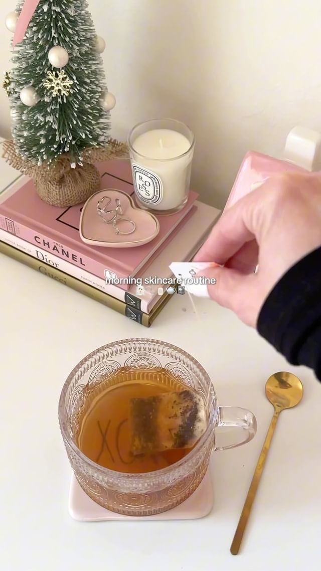 Instagram post by @srslynat for Tazo. Caption reads: morning skincare routine 🧖🏻‍♀️🫧

I am back from....