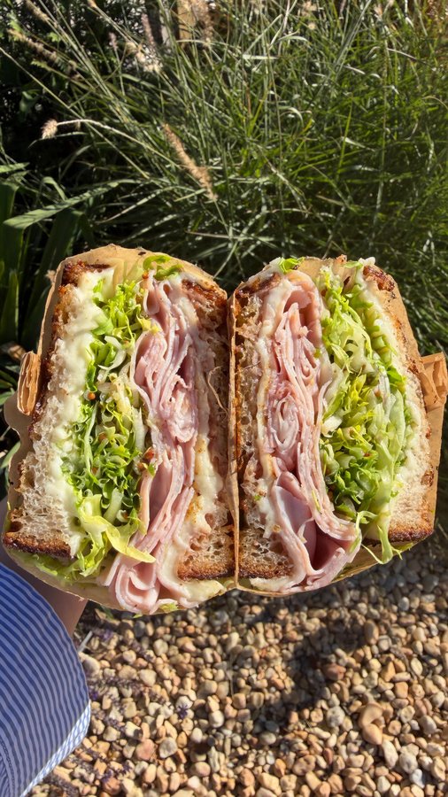 Instagram post by @haileecatalano for Oishii. Caption reads: ham and cheese jam-whiches for a fall beach lunch....