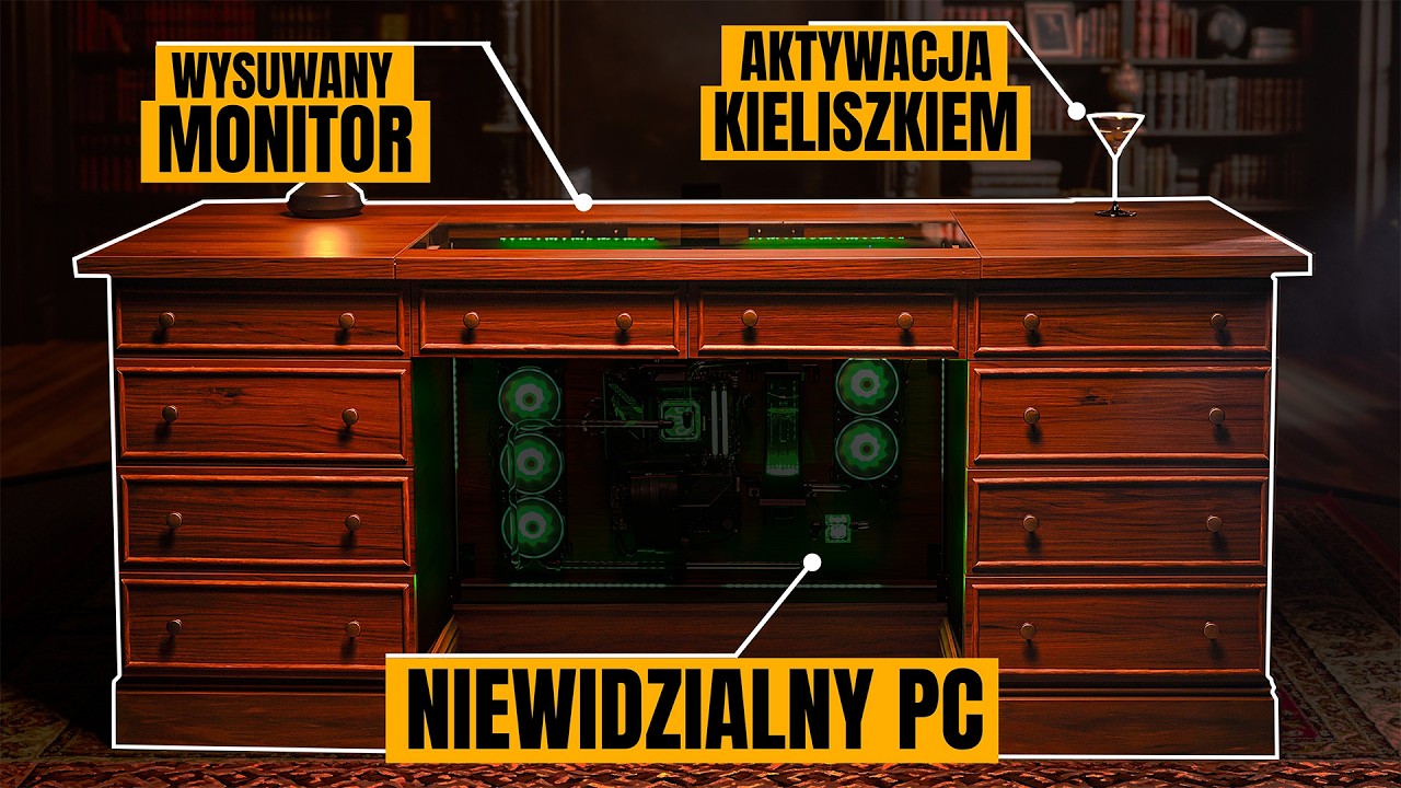 YouTube post by @CzugA for NVIDIA GeForce Russia. Caption reads: I Built a Hidden Agent 007 Desk PC with a Pop-Up....