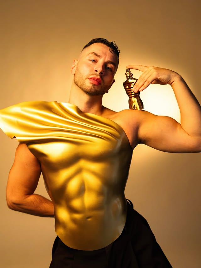 Instagram post by @alecksandro for Jean Paul Gaultier. Caption reads: #AD @jeanpaulgaultier • LE MALE ELIXIR • [...].