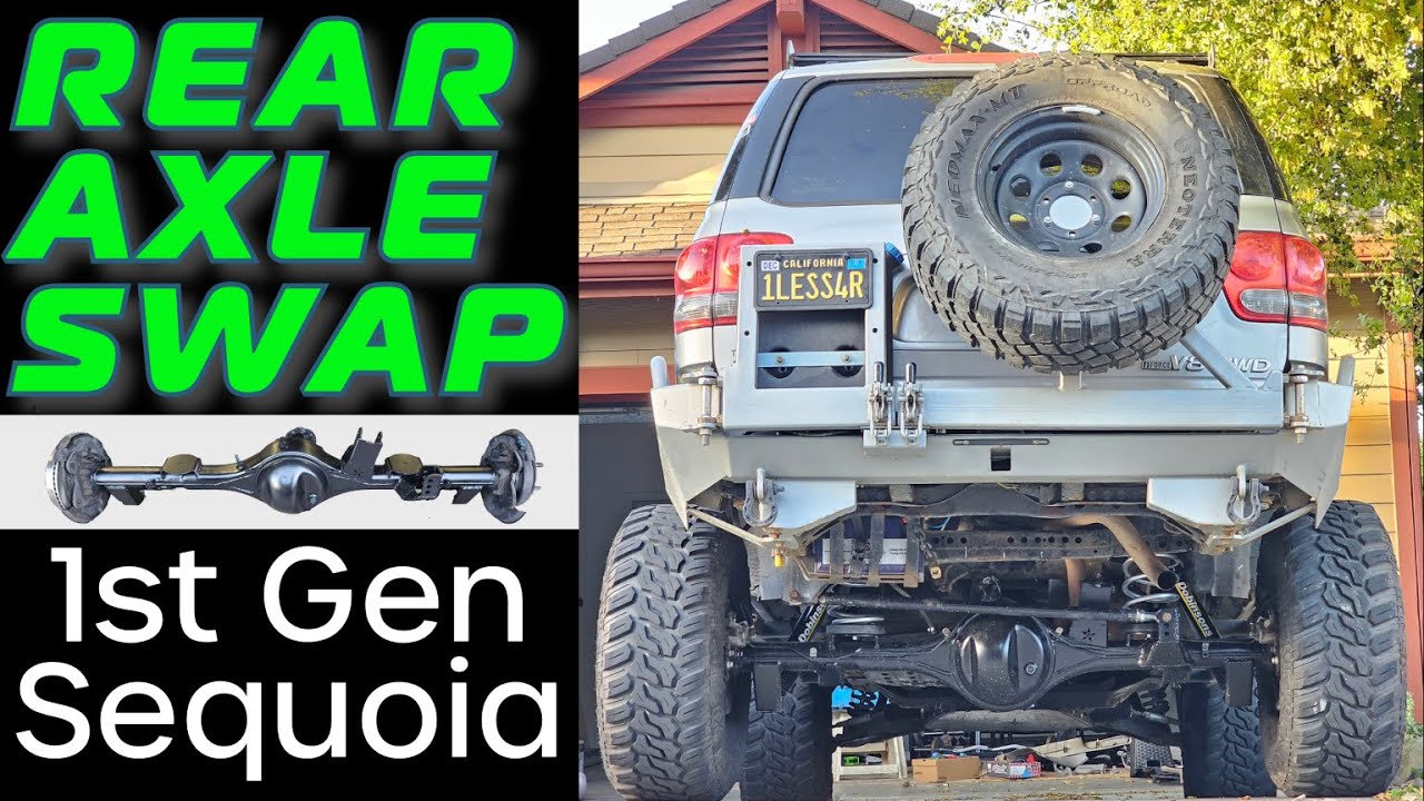 YouTube post by @treehouseoffroad for Raceline Wheels. Caption reads: 10.5" Tundra Rear Axle Swap for First Gen Sequoia!.