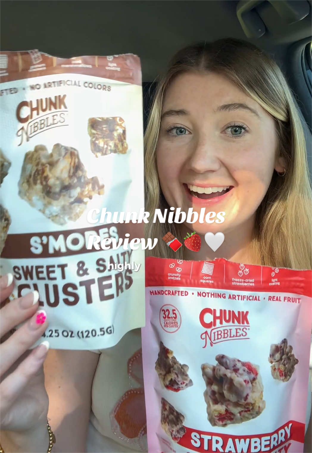TikTok post by @breanna.eats for Chunk Nibbles. Caption reads: Trying Chunk Nibbles 🍫🍓🤍 Now available at....
