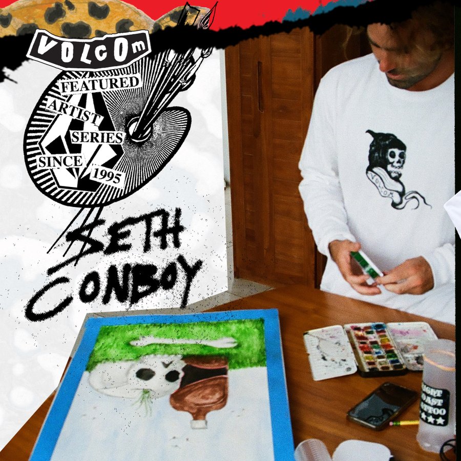 Instagram post by @sethconboy for Volcom. Caption reads: Brought to you by American artist and surfer,....