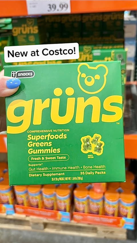 Instagram post by @grocery_obsessed for Grüns. Caption reads: Costco Run in the AM - they now have Grüns....