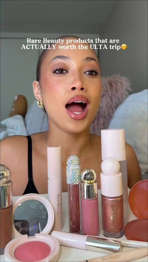 Instagram post by @jaylasteinn for Rare Beauty. Caption reads: Rare Beauty products that are ACTUALLY worth the....