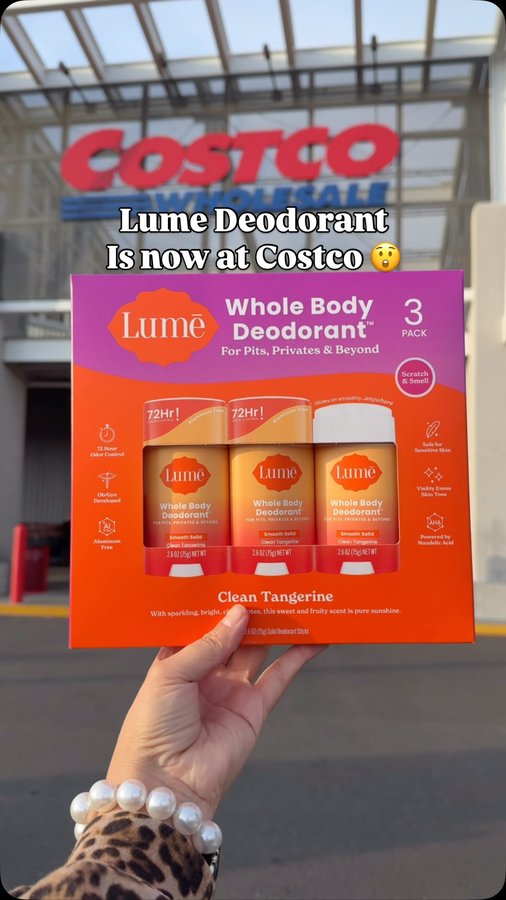 Instagram post by @costconewdeals for Lume Deodorant. Caption reads: Costco keeps leveling up their self-care aisle,....