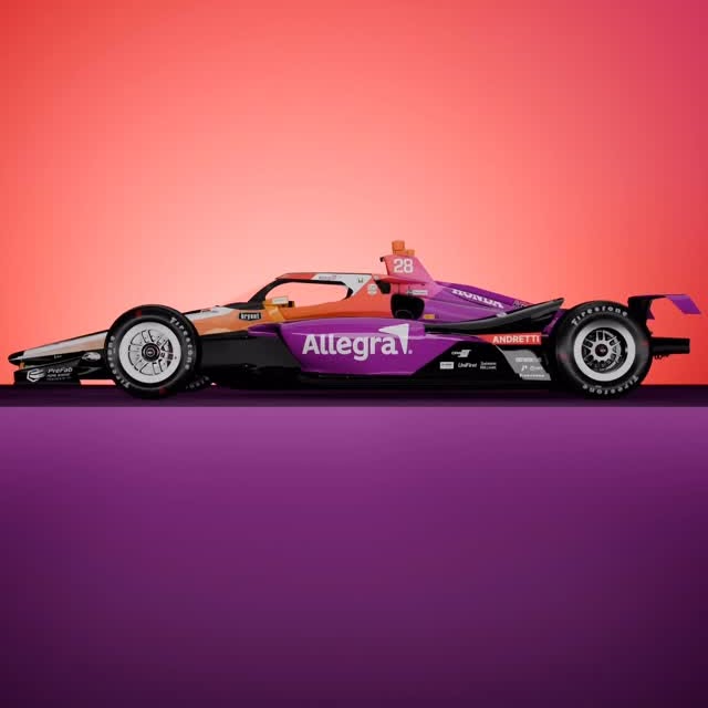 Instagram post by @andrettiindy for Allegra OTC. Caption reads: Fast cars meet fast-acting allergy relief 🤝 We....