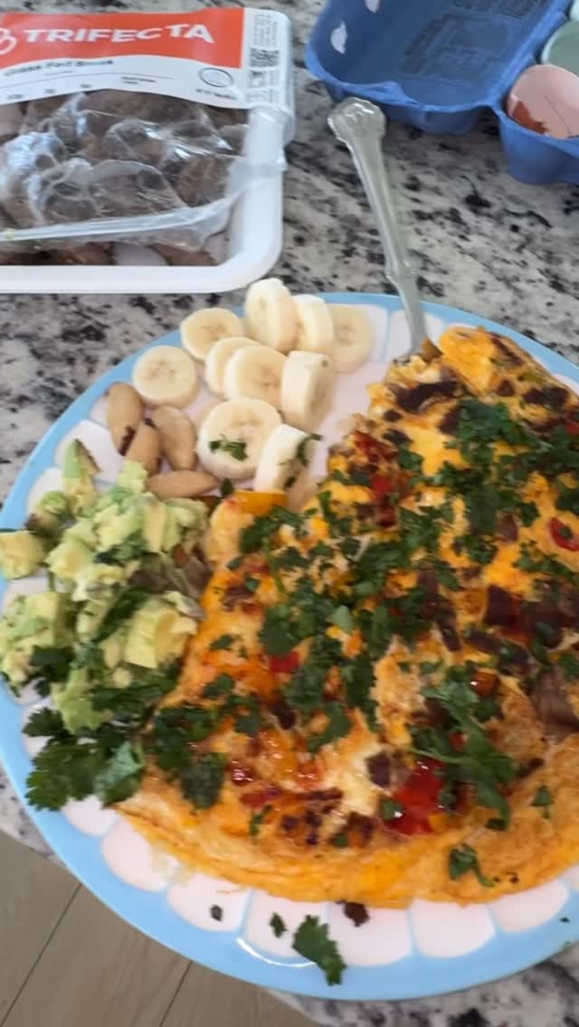 Instagram post by @supersagenorthcutt for TRIFECTA. Caption reads: Whipping up a breakfast steak omelet! 
Trifecta is....