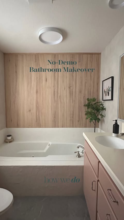 Instagram post by @howwedo208 for Feit Electric. Caption reads: No-Demo Bathroom Makeover: Final Reveal! Overall,....