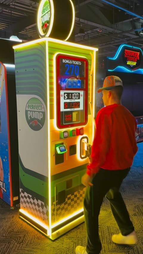 Instagram post by @jerseyyjoe for Dave & Buster's. Caption reads: @daveandbusters new Perfect Pump game may cause....