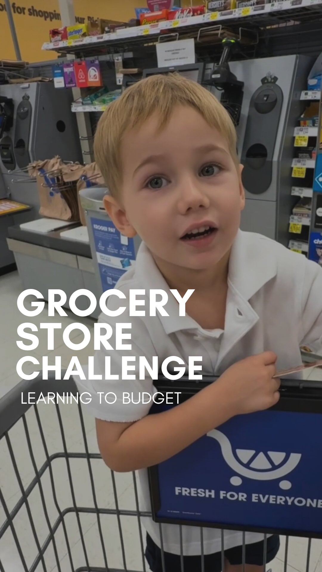 Instagram post by @mcastromusic for Kroger. Caption reads: I gave my 4 year old a $25 budget at the grocery....