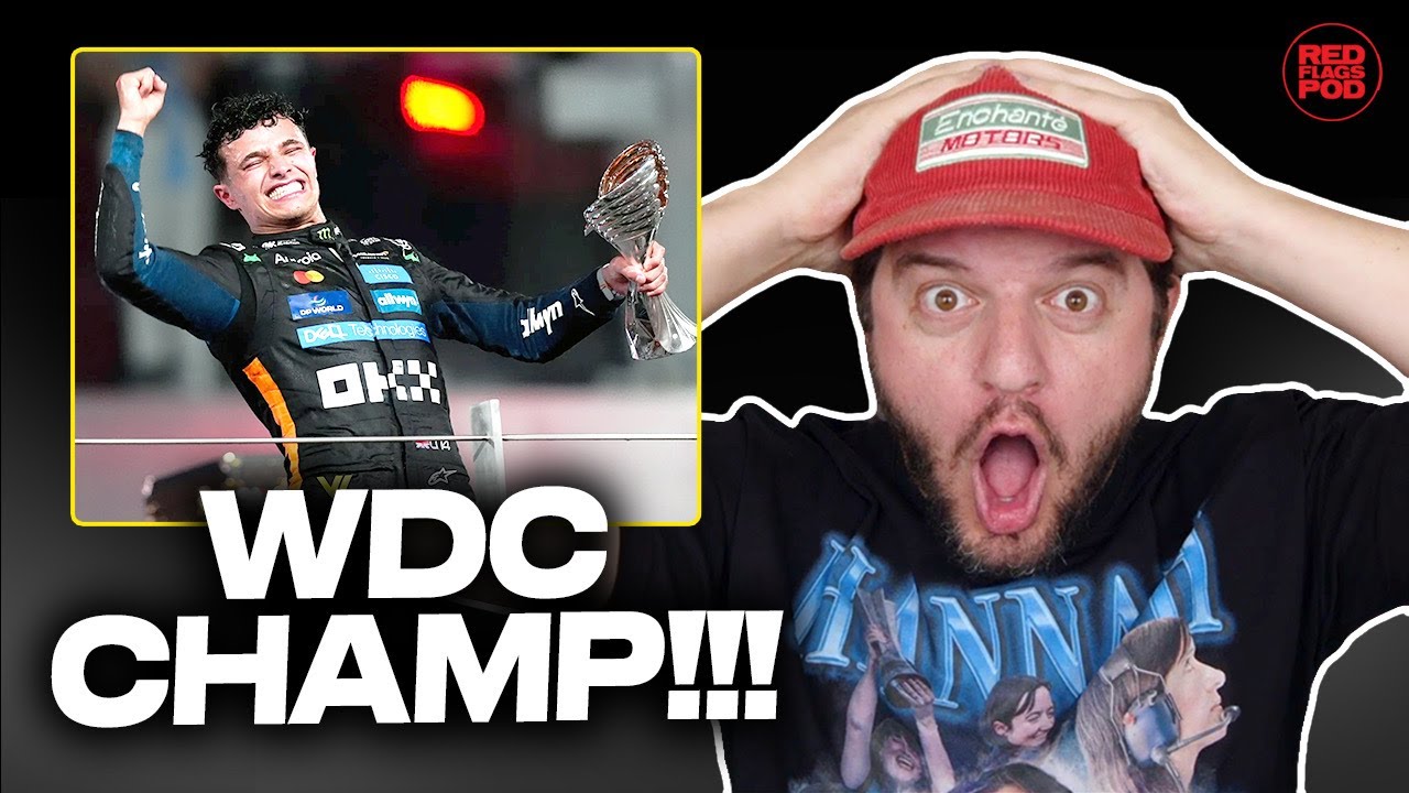 YouTube post by @TheRedFlagsPod for Neuro. Caption reads: LANDO NORRIS IS THE F1 WORLD CHAMPION! 2025 Abu....