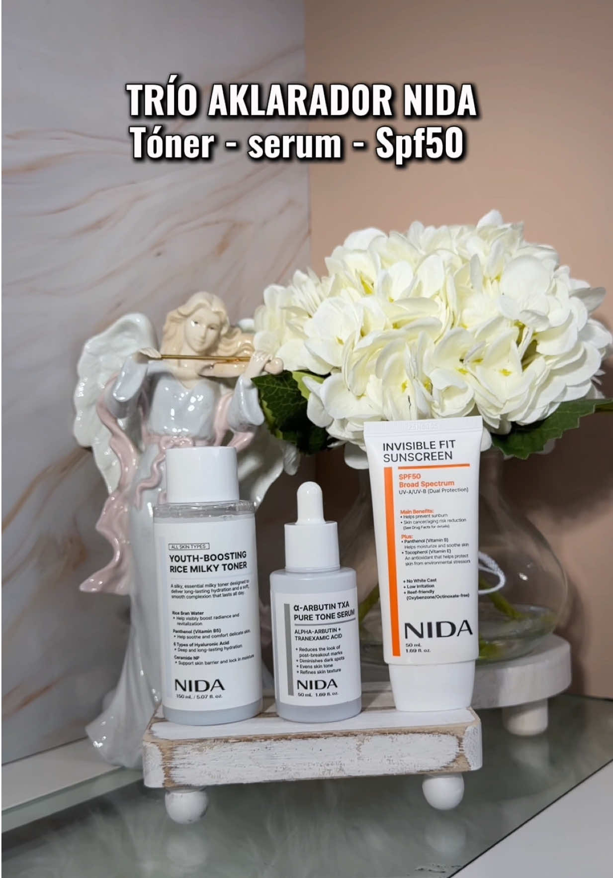 TikTok post by @fullttshop for NIDA Official. Caption reads: NIDA Dark Spot Brightening Bundle @NIDA OFFICIAL....