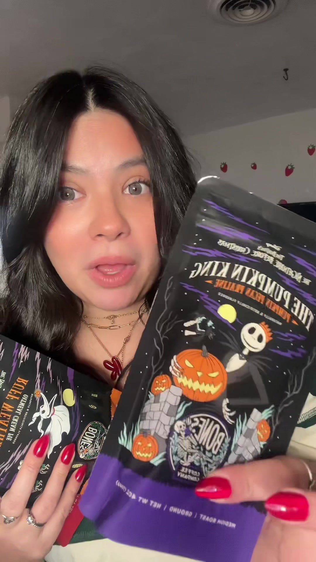 TikTok post by @kass.kennedy_ for Bones Coffee Company. Caption reads: Nightmare Before Christmas?! We absolutely love....