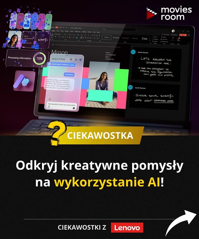 Instagram post by @ciekawostkowoo for MoviesRoom.pl. Caption reads: Do czego używacie AI? Kreatywność + technologia =....