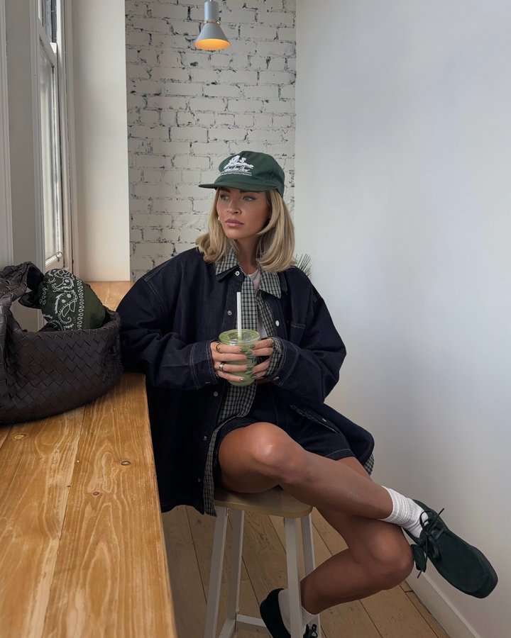 Instagram post by @laurenxwatsonnn for Clarks Originals. Caption reads: On the (matcha) run 🍵

🏷️ double denim | indigo....