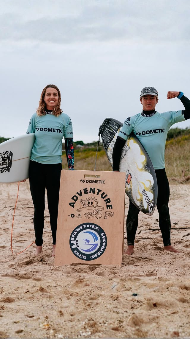 Instagram post by @surfingaus for Dometic. Caption reads: Pressure makes dust, and on the @dometic Adventure....
